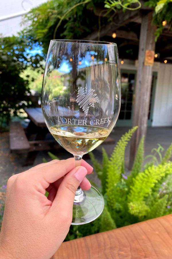 Porter Creek Chardonnay in a branded wine glass - great wineries in Sonoma